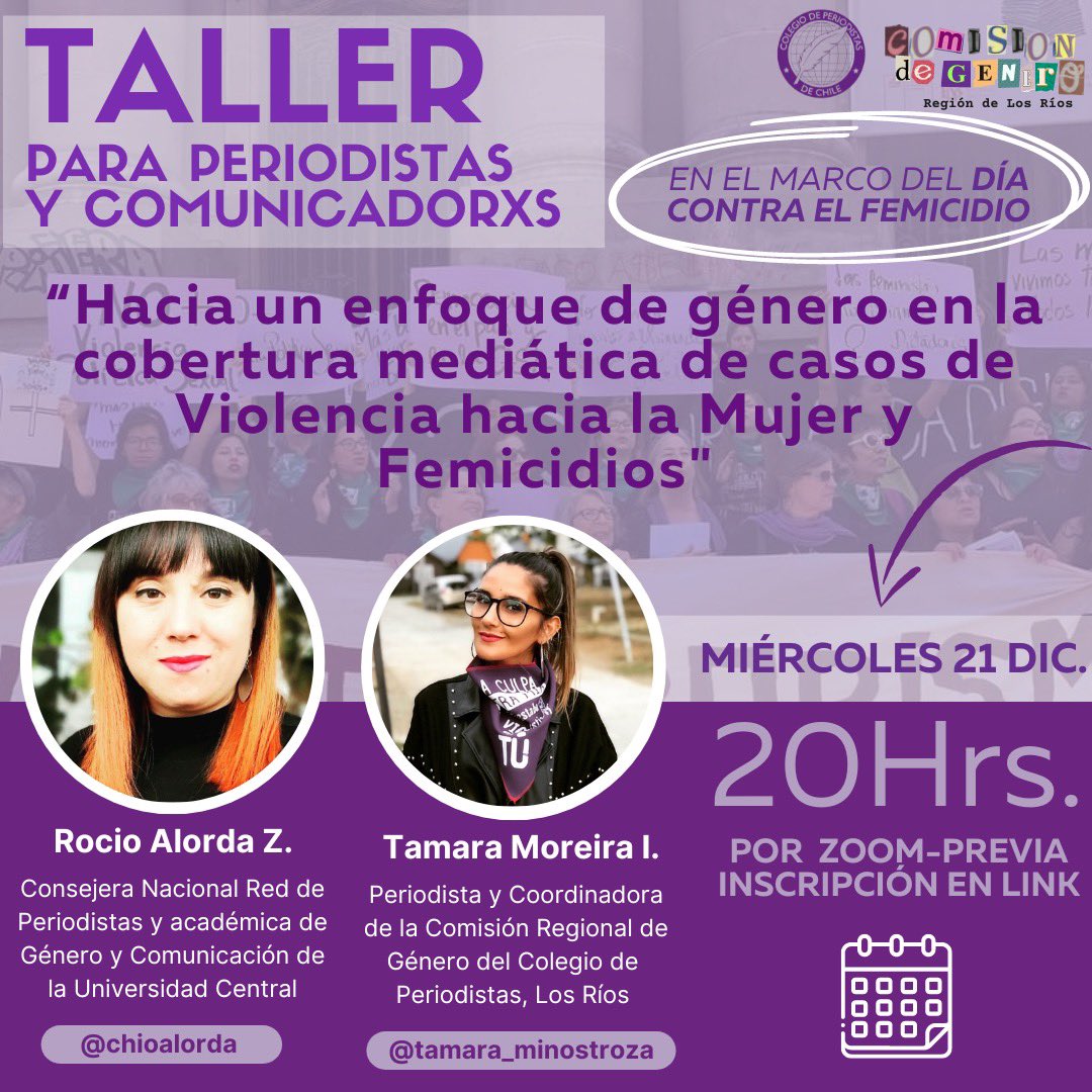 cgperiodlosrios's tweet photo. 🗓 💜Taller por Zoom: “Hacia un enfoque de género en la cobertura mediática de casos de Violencia hacia la Mujer y Femicidios" #valdiviacl 

🗓Miércoles 21 de diciembre 
⏰ 20 horas por la plataforma Zoom
📲 Inscríbete! Cupos limitados https://t.co/Ab65M1k8sF https://t.co/ajZknMYhLS