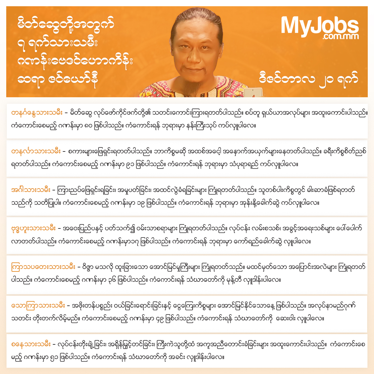 MyJobsMyanmar's tweet photo. ၂၀၂၂ ခုနှစ် ဒီဇင်ဘာလ ၂၀ ရက်နေ့အတွက် ဆရာဇင်ယော်နီဟောကြားထားသော ၇ ရက်သားသမီးများရဲ့ ဆောင်ရန်၊ရှောင်ရန် နှင့် ကံကောင်းခြင်းအတွက် အဆောင်ယတြာများကို MyJobs မှ မိတ်ဆွေတို့အတွက်ဖော်ပြပေးလိုက်ပါတယ်။ https://t.co/MwB1qQkIFm