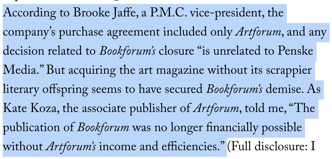 Some news in my <a href="/NewYorker/">The New Yorker</a> piece just published on the shutdown of <a href="/bookforum/">Bookforum Magazine</a>: Penske Media bought Artforum, but not Bookforum, and the Artforum owners decided the magazine couldn't survive financially on its own newyorker.com/books/page-tur…