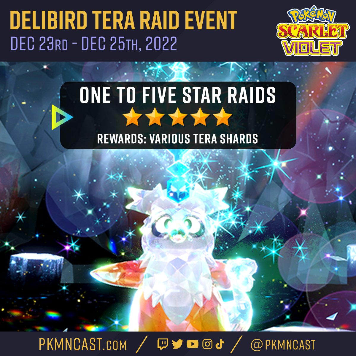pkmncast's tweet photo. 🎁 Celebrate this weekend by knocking out Delibird to get bonus Tera Shards. #PokemonScarlet #PokemonViolet https://t.co/MOeSCwPSx6