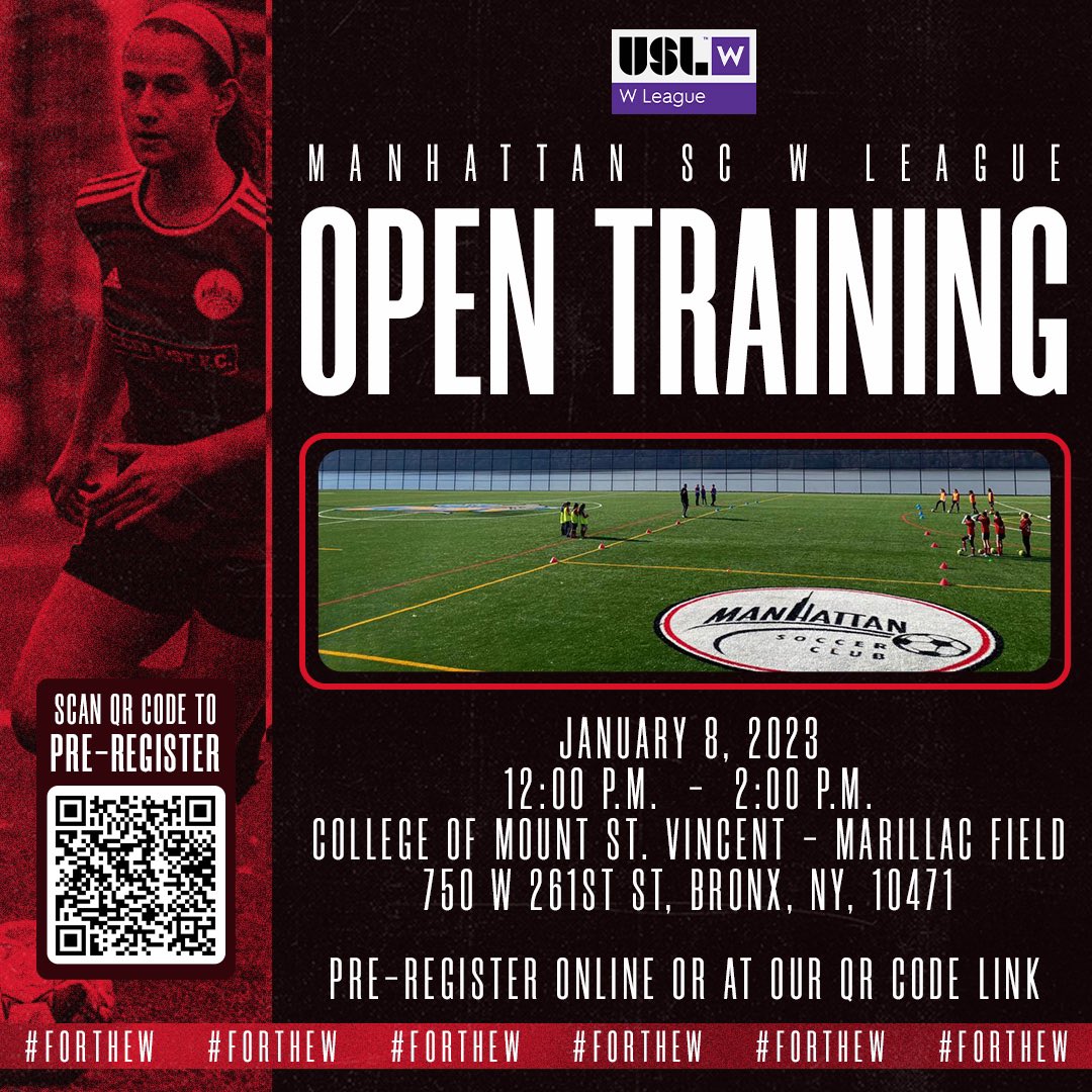 ManhattanSC_NYC's tweet photo. Our W League staff is holding one more open training session! Join us on January 8th at CMSV’s Marillac Field for an opportunity to become part of the #MSCFamily for the 2023 season.
#MSCStrong #MSCon3 #ForTheW #WLeague #USL #Soccer #preprofessional https://t.co/wINT1zU62S