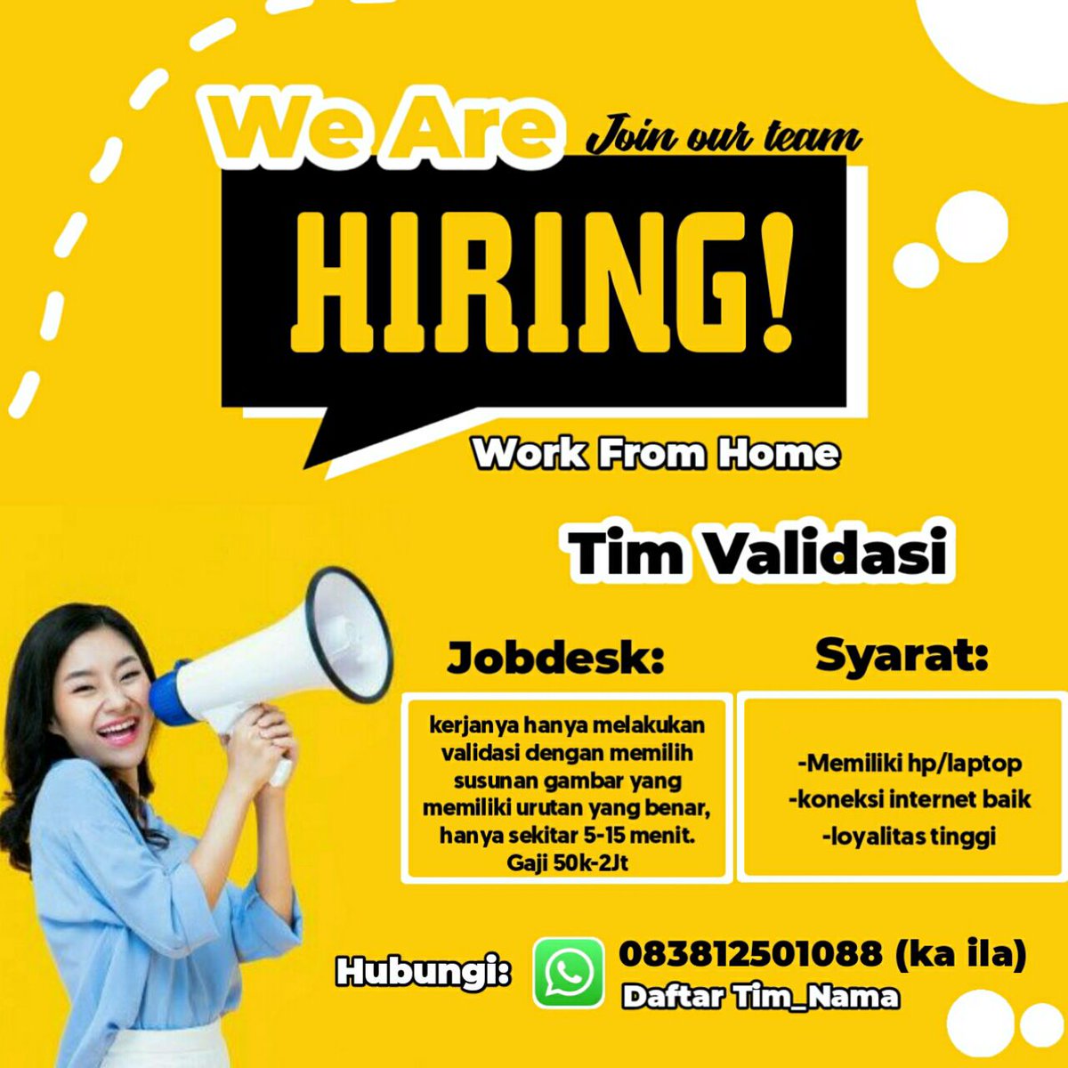 salsabilau7's tweet photo. GRATIS
Job Freelance

💫We are Hiring Tim Validasi💫 kerjanya hanya melakukan validasi puzzle bergambar selama 5-15 menit saja, dibayar 50k-2 jt

📍pendaftaran langsung chat 083812501088 (Kak Ila Nur)

#job #freelance #jobfreelance #wfh https://t.co/ega0vZHRO8