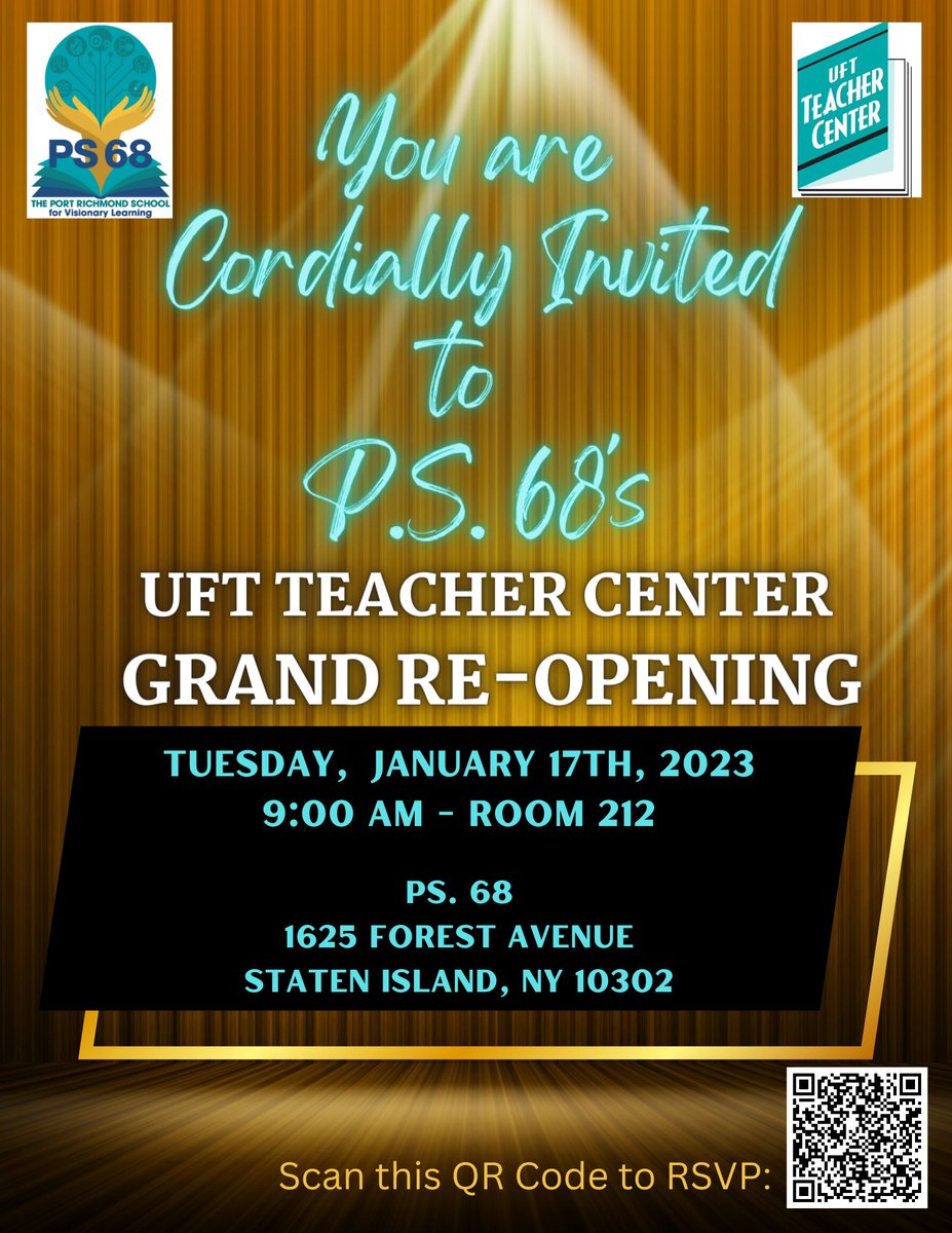 Fyaly_Nunez's tweet photo. So excited to formally announce the date of PS 68's UFT Teacher Center's Grand Re-Opening! 

Looking forward to celebrate and showcase some to the great things happening at PS 68! 

@ps68si
@DrMarionWilson
@UFTTchrCenter
@HoganAnnmarie
@si_uft
@UFT https://t.co/EezmyrCTfM