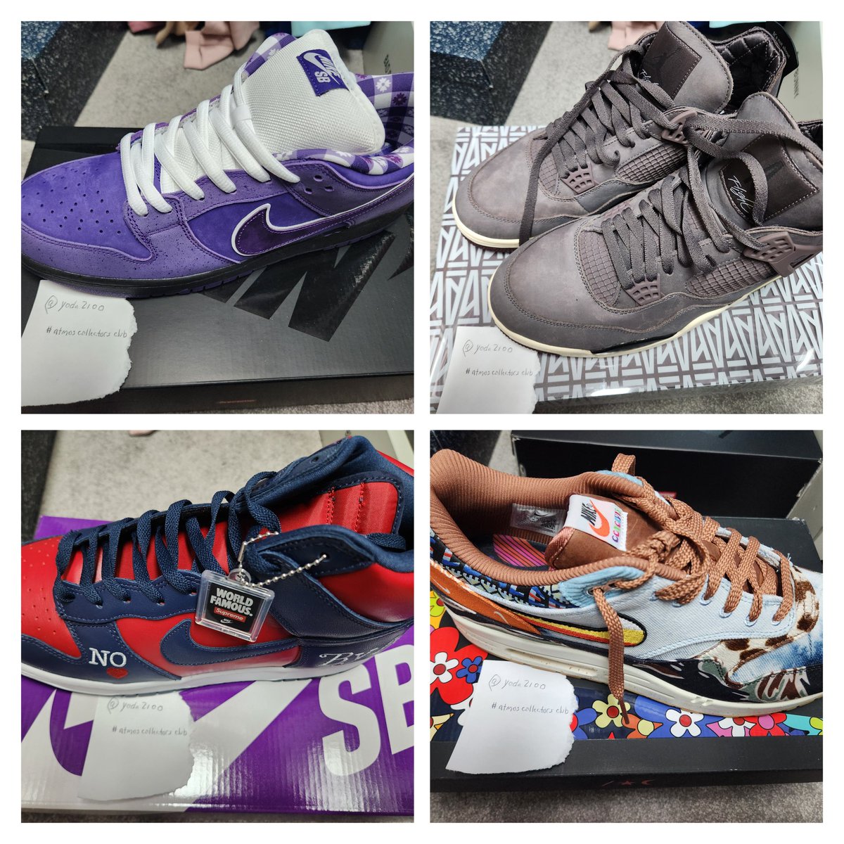 yoda2100's tweet photo. @atmos_usa Size 13 M 
My first real tweet  #atmoscollectorsclub    #atmosweb 

Left row down
1.Purple Lobster SB
2.SOTY AMM 4 
3.Supreme SB 
4.AM1 Heavy

Thank you for this opportunity!  Looking forward to possibly joining your club for real enthusiasts of sneakers. https://t.co/daIAz1khOf