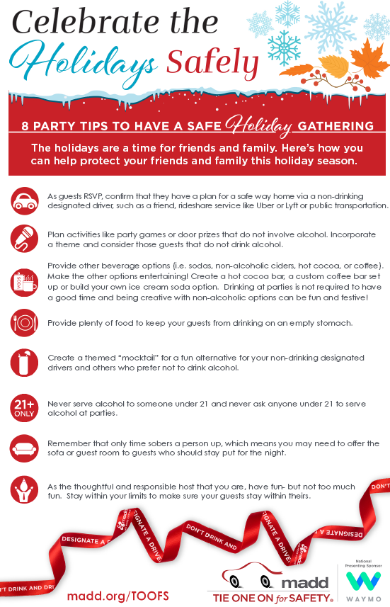 MADDNYNJPA's tweet photo. Hosting a holiday party? Be a responsible host and make sure you check out our safe party tips. Visit https://t.co/R3Bq4mhRv1 to learn more! #TOOFS #NoMoreVictims #Waymo https://t.co/nkkBl838K6