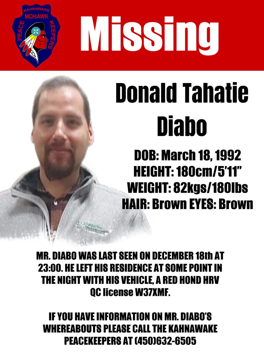 KahnawakePKs's tweet photo. *ATTENTION*

Please call (450)632-6505 if you have information that could assist in locating Mr. Diabo. https://t.co/wRr0u4z24k