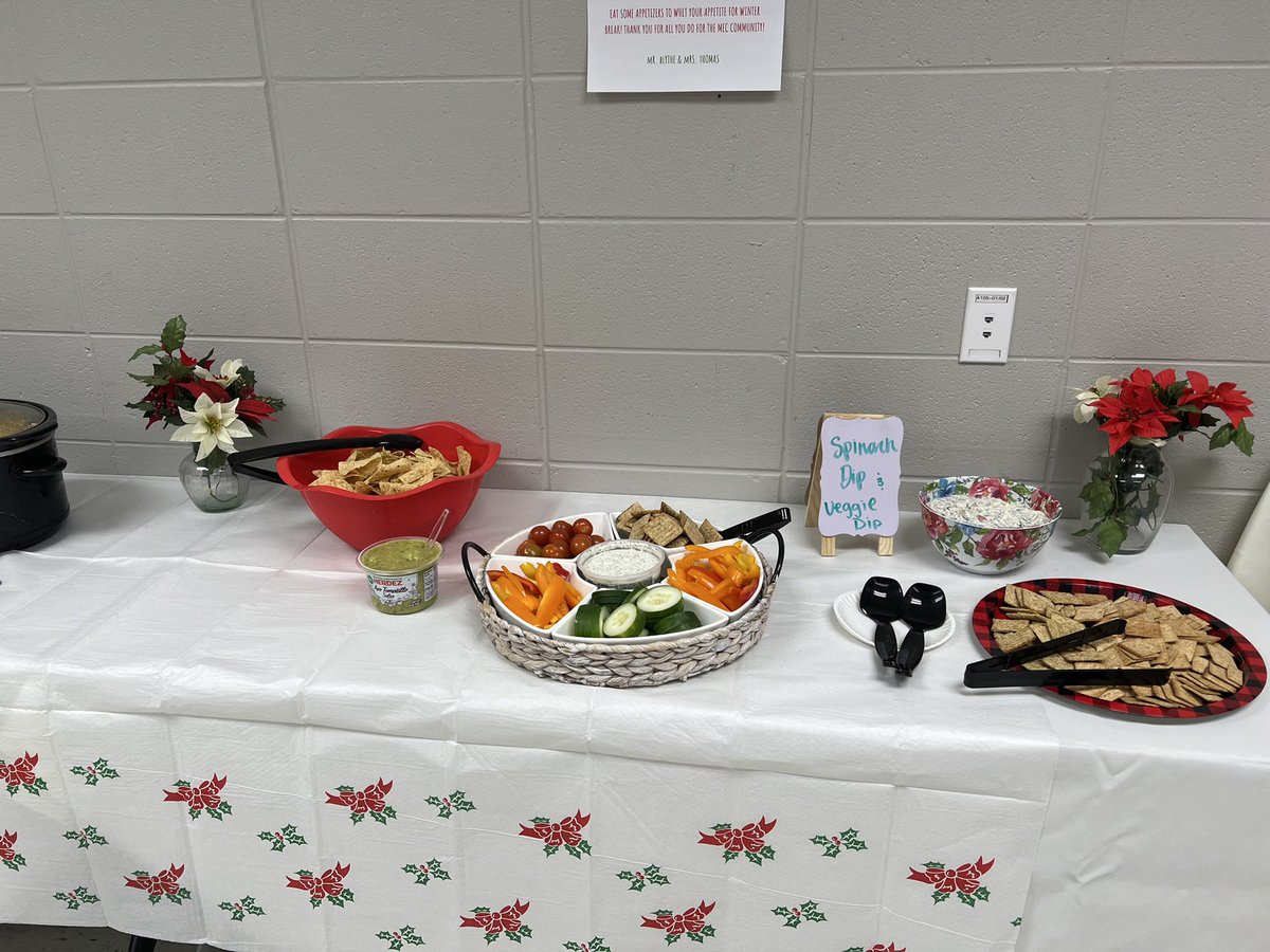PrincipalBlythe's tweet photo. Today, myself and @MrsThomasLT provided appetizers for the staff to whet their appetite for Winter Break! The countdown is real and so is our appreciation for an amazing staff! #HappyHolidays #TMinus1day #resetMEC https://t.co/zCDFpeT1es