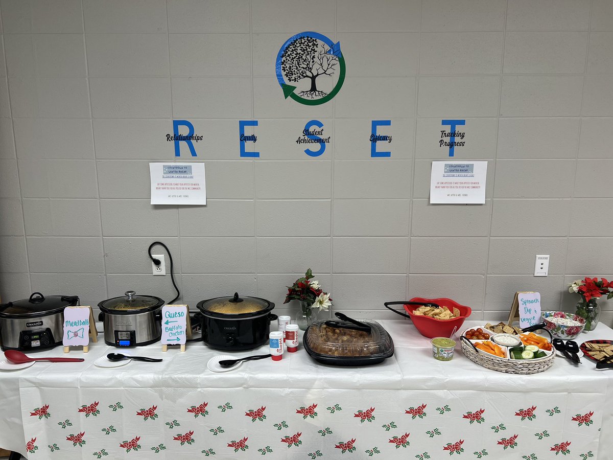 PrincipalBlythe's tweet photo. Today, myself and @MrsThomasLT provided appetizers for the staff to whet their appetite for Winter Break! The countdown is real and so is our appreciation for an amazing staff! #HappyHolidays #TMinus1day #resetMEC https://t.co/zCDFpeT1es