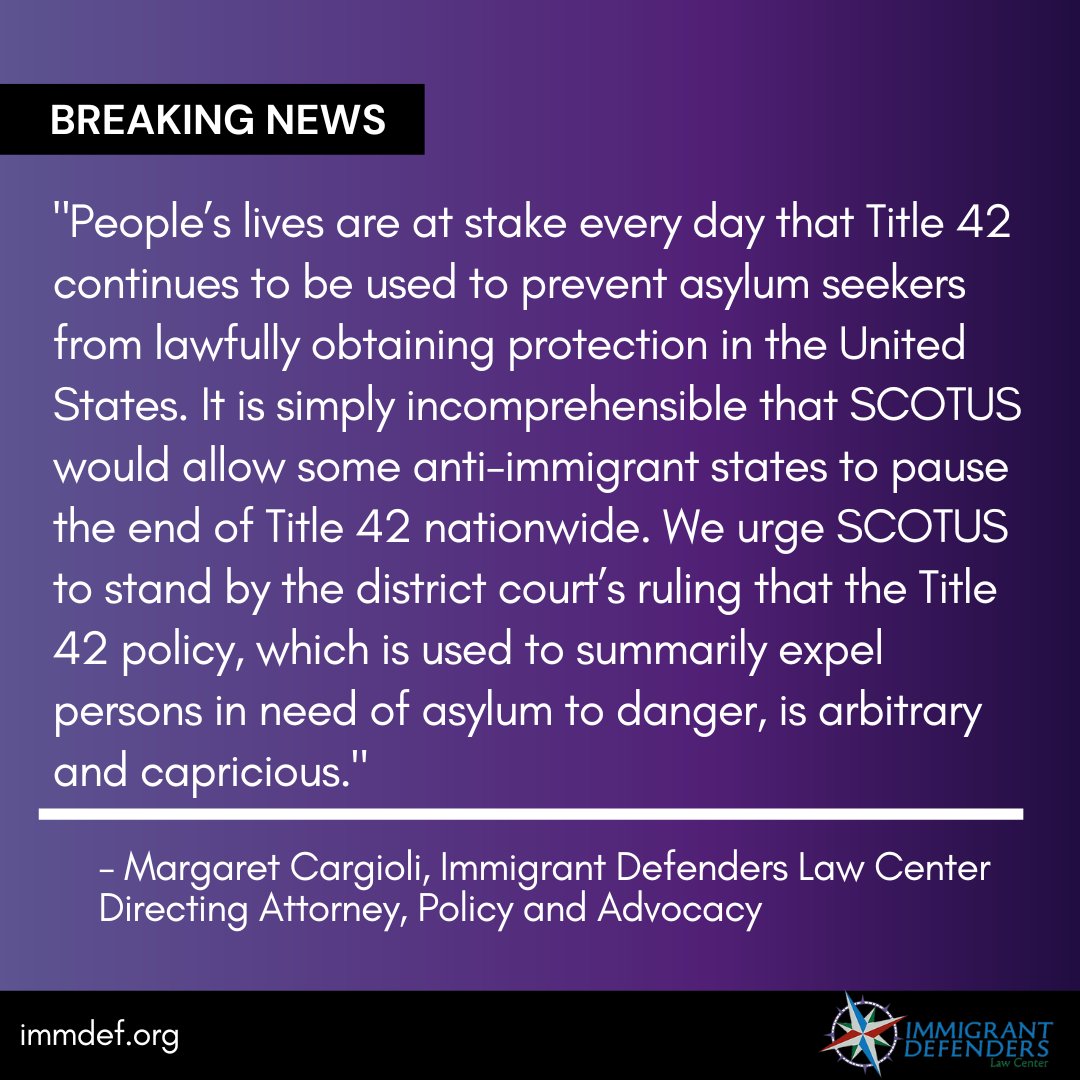 ImmDef's tweet photo. Today SCOTUS issued an administrative stay to temporarily halt the Dec. 21, 2022 expiration of Title 42. Title 42 has unfairly expelled thousands of persons in need of asylum. We urge SCOTUS to allow the End of Title 42 on Dec 21st.
#DefendAsylum #EndTItle42 https://t.co/G9LKrARQoX