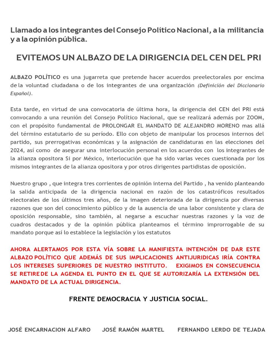 plataformaPRI's tweet photo. Quienes formamos #plataformaPRI denunciamos este albazo que pretende hacer acuerdos preelectorales por encima de la voluntad ciudadana o de los integrantes de una organización.@PRI_Nacional https://t.co/tOBp9DEEIm