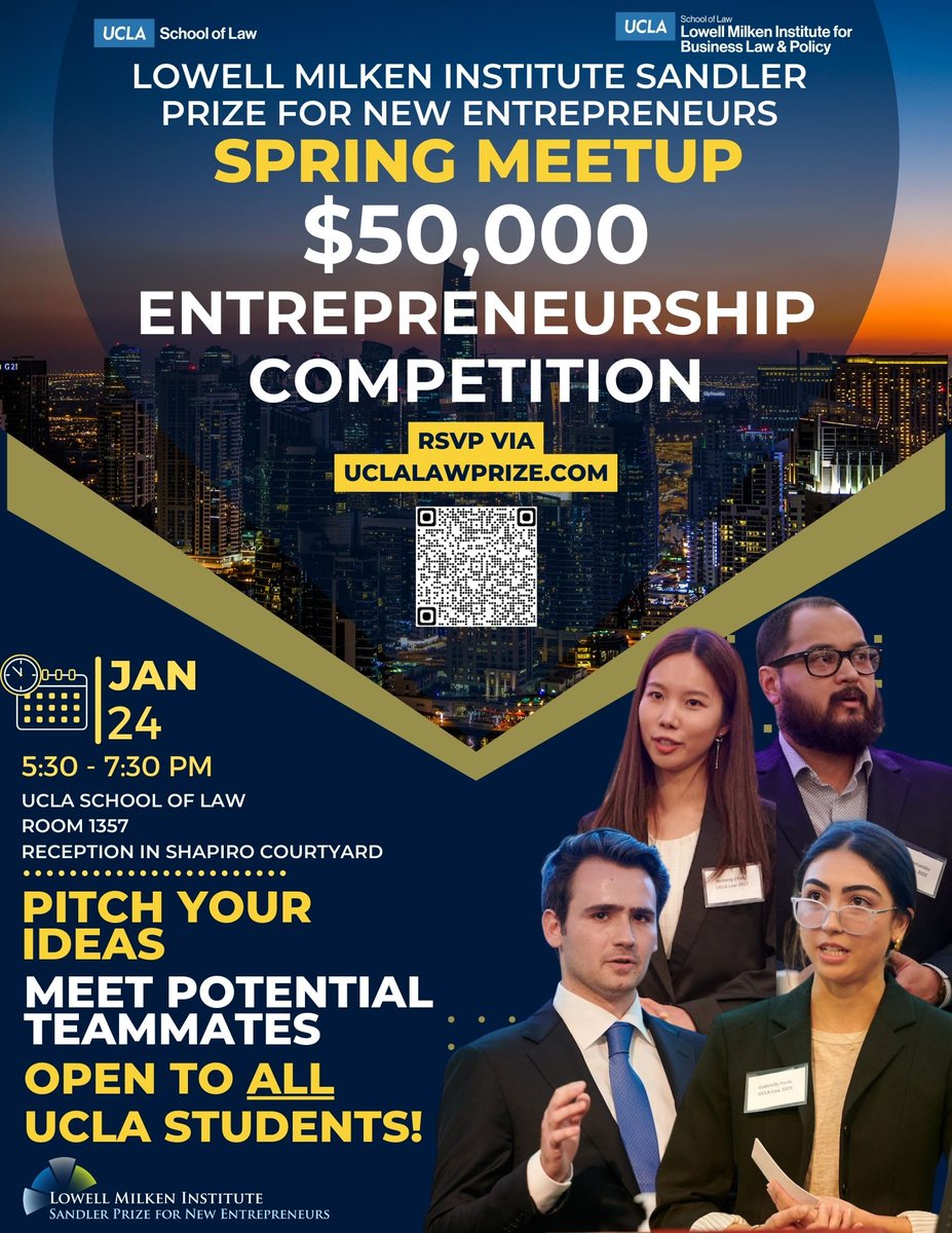 LMI_UCLALaw's tweet image. RSVP now to the Spring Meetup of the LMI-Sandler $50,000 entrepreneurship competition! Pitch your venture ideas at our upcoming meetup! Learn more at UCLALawPrize.com and RSVP (forms.gle/fLnwd4G871mx3h…). Open to all 
@UCLA students! 
@UCLA_Law