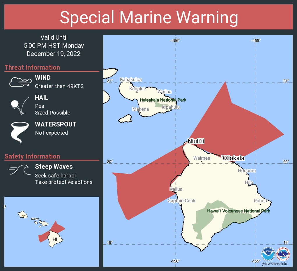 This graphic displays a special marine warning plotted on a map. The warning is in effect until 5:00 PM HST. The warning includes Big Island Windward waters, Big Island Leeward waters and Alenuihaha Channel. The threats associated with this warning are wind gusts greater than 49kts and pea sized hail. Waterspouts are not expected. Steep waves can be expected. Seek safe harbor and take protective actions.
