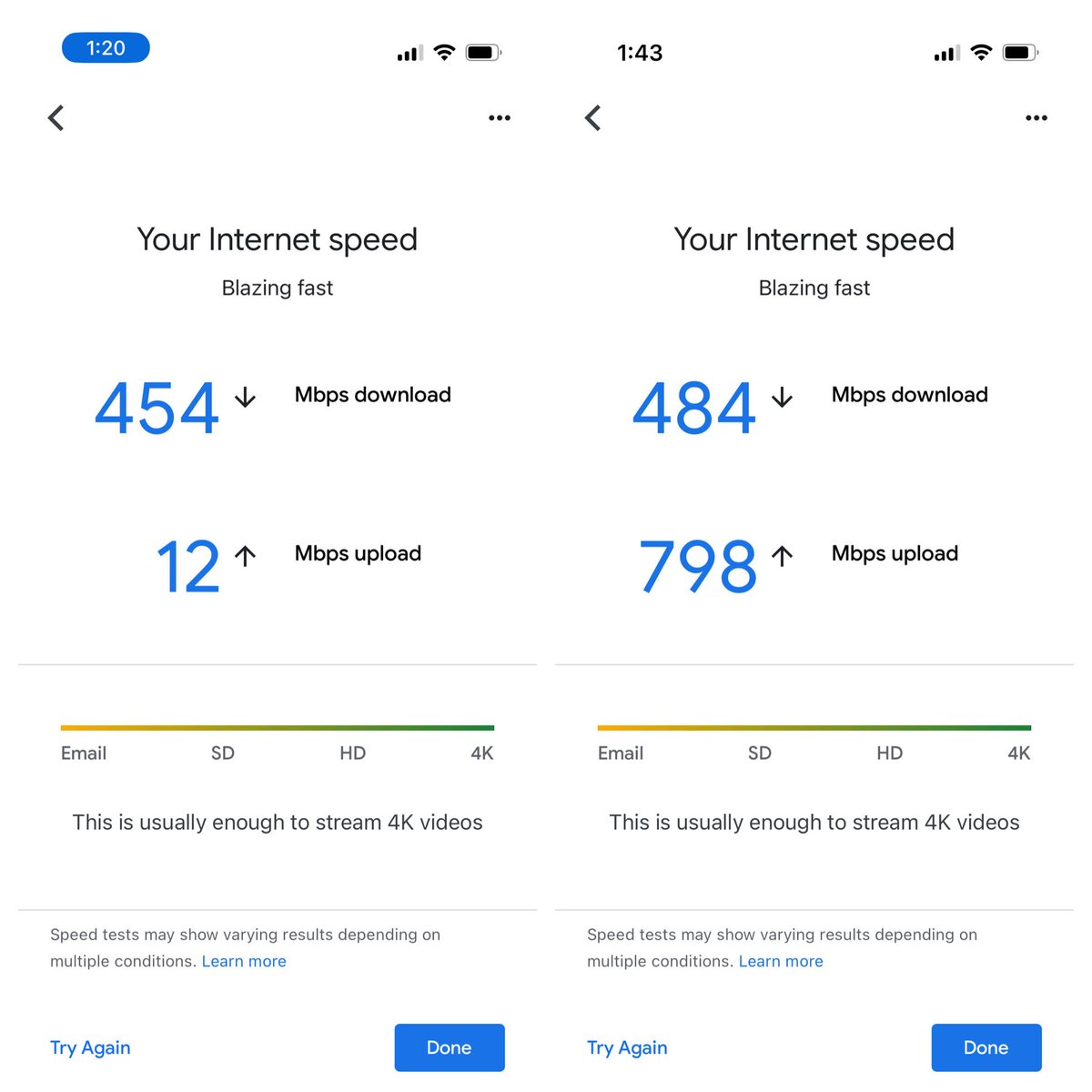 Skip_Skinner's tweet photo. Impressed with a new fiber connection we received from ⁦@WideOpenBburg⁩. Comcast/Xfinity test to my router on left, Wide Open on right. Especially appreciate supporting a local business enterprise. https://t.co/D0V36CFLbr