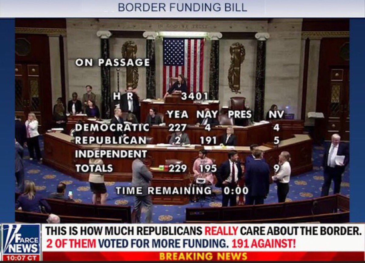 lotsofuss's tweet image. So when we hear Republicans complain about the border, just remember they voted against border funding 191-2. 

Hypocrites.