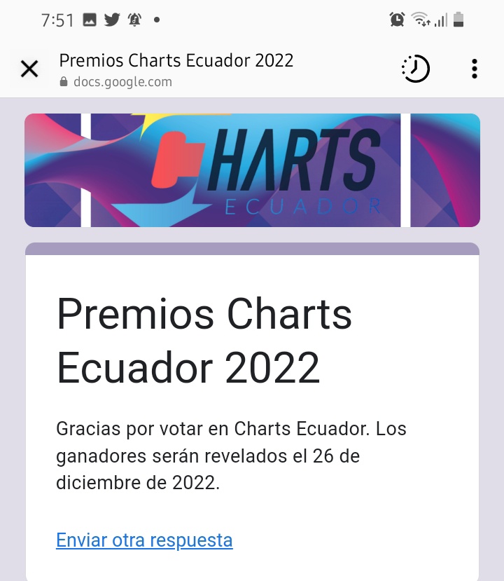 ARMY EC!!!!!! 🇪🇨💜 No te olvides de votar por @BTS_twt para MEJOR ARTISTA INTERNACIONAL en los premios de @ChartsEcuador!!! LAS VOTACIONES TERMINAN MAÑANA 20 DE DICIEMBRE 🏃‍♀️🏃‍♀️🏃‍♀️🏃‍♀️ 🏆💜 VAMOS POR ESE PREMIO POR TERCER AÑO CONSECUTIVO!! FIGHTING 💪💜 🖇 docs.google.com/forms/d/e/1FAI…