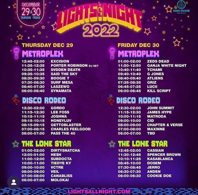 🍪 Lights All Night roll call 🍪

Hometown festival type beat

I’ll be seeing you day 2 kicking off the Lone Star Stage

Gonna go charge all my batteries now so that I can ensure the lights do in fact last all night