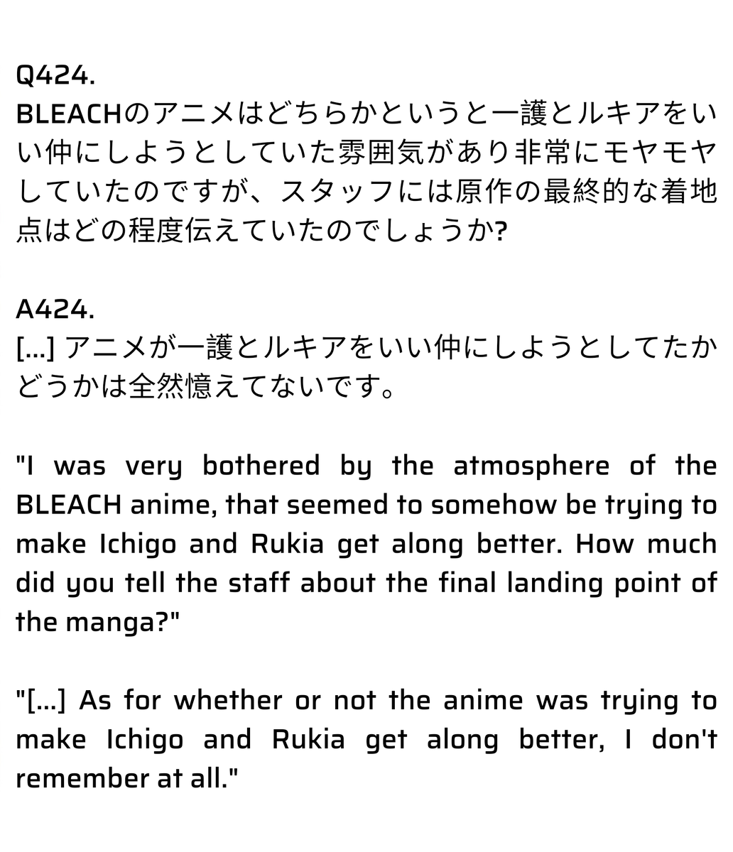 IchiRukispace's tweet photo. Yesterday Kubo answered a question regarding Ichigo/Rukia in anime. Kubo had watched and supervised the anime the whole time and if he didn't remember then surely to him there was no "agenda" pushed because he loves how Pierrot portrayed Ichigo/Rukia as it syncs with his manga 🥰 https://t.co/VLiIovH6Dn