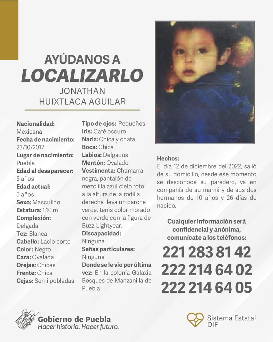 #ServicioSocial | Se solicita apoyo para localizar a Jonathan Huixtlaca Aguilar, visto por última vez el 12 de diciembre de 2022 en la colonia Galaxia Bosques de Manzanilla, #Puebla. 

Si cuentas con datos que ayuden a su ubicación, llama:
☎️ (221) 283 81 42
☎️ (222) 214 64 02
