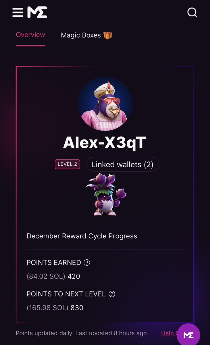 geezasol's tweet photo. After all this time together, just a lvl 2 🫣 , guess i have to top up the game then @MagicEden #MagicRewards ! 
Goal is lvl 4 by the end of December… https://t.co/eX5Jw4bdhL