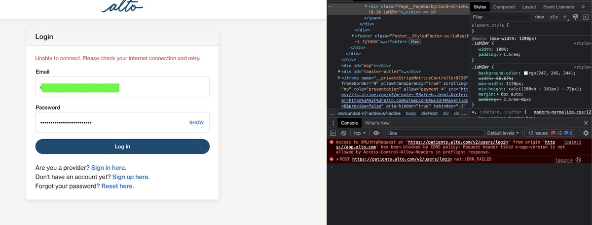 thompiler's tweet photo. @altopharmacy your user login page appears to be broken on Chrome (iOS and MacOS). Safari seems to work though. Just FYI. JS error in the console when you submit the form along with error displayed to user. Hope it helps. https://t.co/3StMbvkBuE