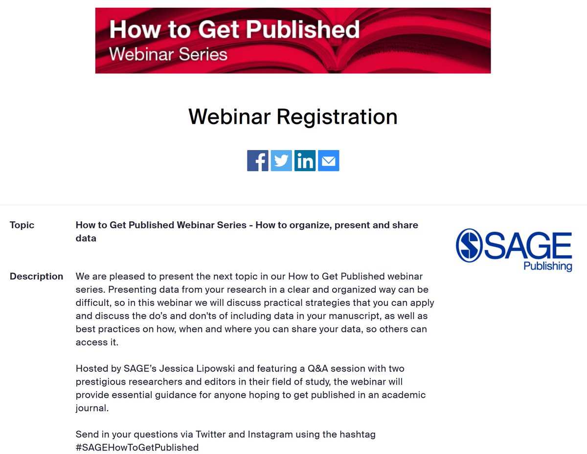 @SAGEJournals is offering a series of free #HowtoGetPublished webinars in 2023 for those interested in learning more about the publishing process. Please share with students or others in your network who may be interested. 
Link to register for Workshop 1: sagepub.zoom.us/webinar/regist…