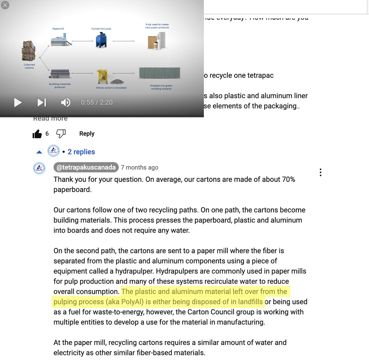 opposingplastic's tweet photo. @tetrapak of the #tetrapaks that go the papermill path in ur YT vid https://t.co/e1pnMcl61B what % of original input materials come out as PolyAl and go to landfill and what % is recovered paper? @BeyondPlastAct

1/2 https://t.co/13QlTfs9ly