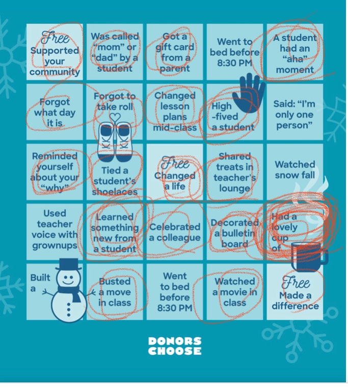 McfallTetsuo's tweet photo. @DonorsChoose December Bingo! Thanks for helping our students win at life! We’ve been given a boost in our Arts, STEM and team sports through donor support!! https://t.co/IkAAqu3Wu8 We’re close to funding another project as well soon too! #MondayMotivation @HPSArt https://t.co/LqQd2gg1ll