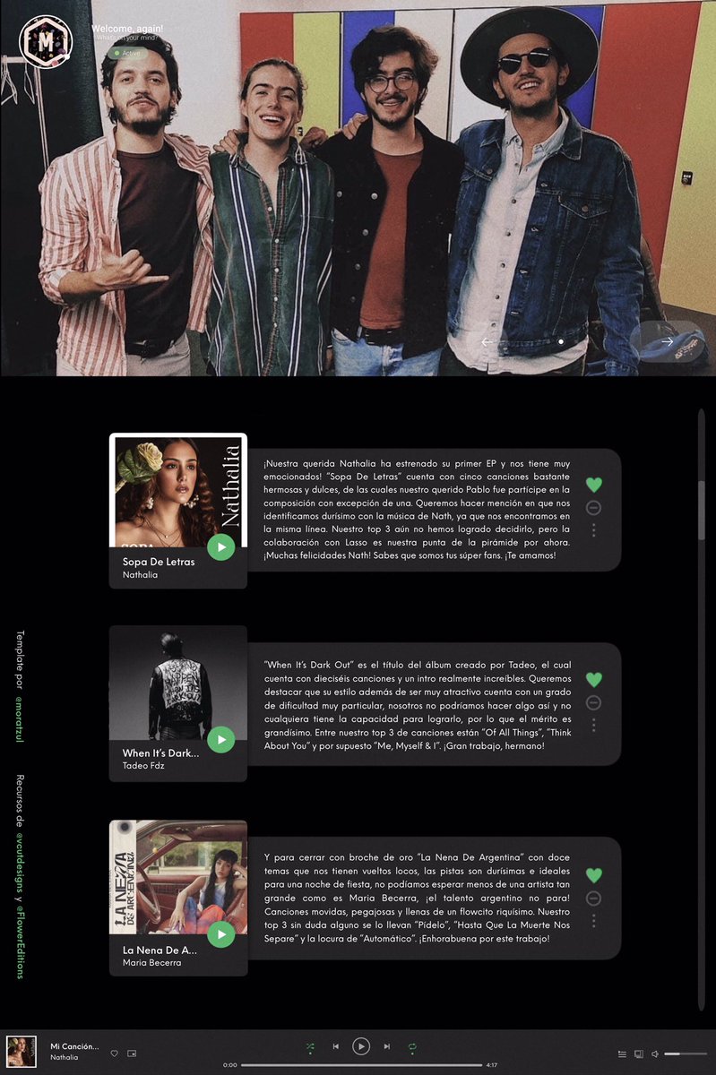 moratzul's tweet image. 𝙽𝚞𝚎𝚟𝚊 𝚙𝚞𝚋𝚕𝚒𝚌𝚊𝚌𝚒𝚘́𝚗 𝑓𝑟𝑜𝑚: @𝘮𝘰𝘳𝘢𝘵𝘻𝘶𝘭 
— 𝗦𝗽𝗼𝘁𝗶𝗳𝘆 playlist by 𝗟𝗼𝘀 𝗥𝗼𝗹𝗼𝘀.

Hola ¿Qué tal? En esta ocasión venimos a contarles un poquito de algunos nuevos lanzamientos que están sonando durísimo.

#SopaDeLetrasbyNath #WhenItsDarkOut #LNDARp.