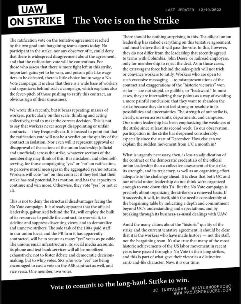 The ratification vote on the tentative agreement reached by the two grad unit bargaining teams opens today. No participant in the strike, nor any observer of it, could deny that there is widespread disagreement about the TA, and that the ratification vote will be contentious. 🧵