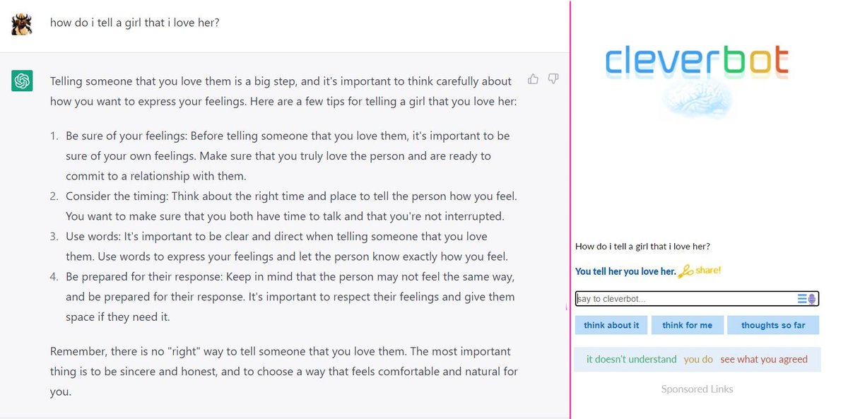 EyeOfScar's tweet photo. Ma boi #cleverbot knows to filter out the BS and give it to you straight. He knows what's up.
@cleverbot >>> @OpenAI
#OpenAI #ChatGPT #AI #cleverbot https://t.co/33fFsvgVhL