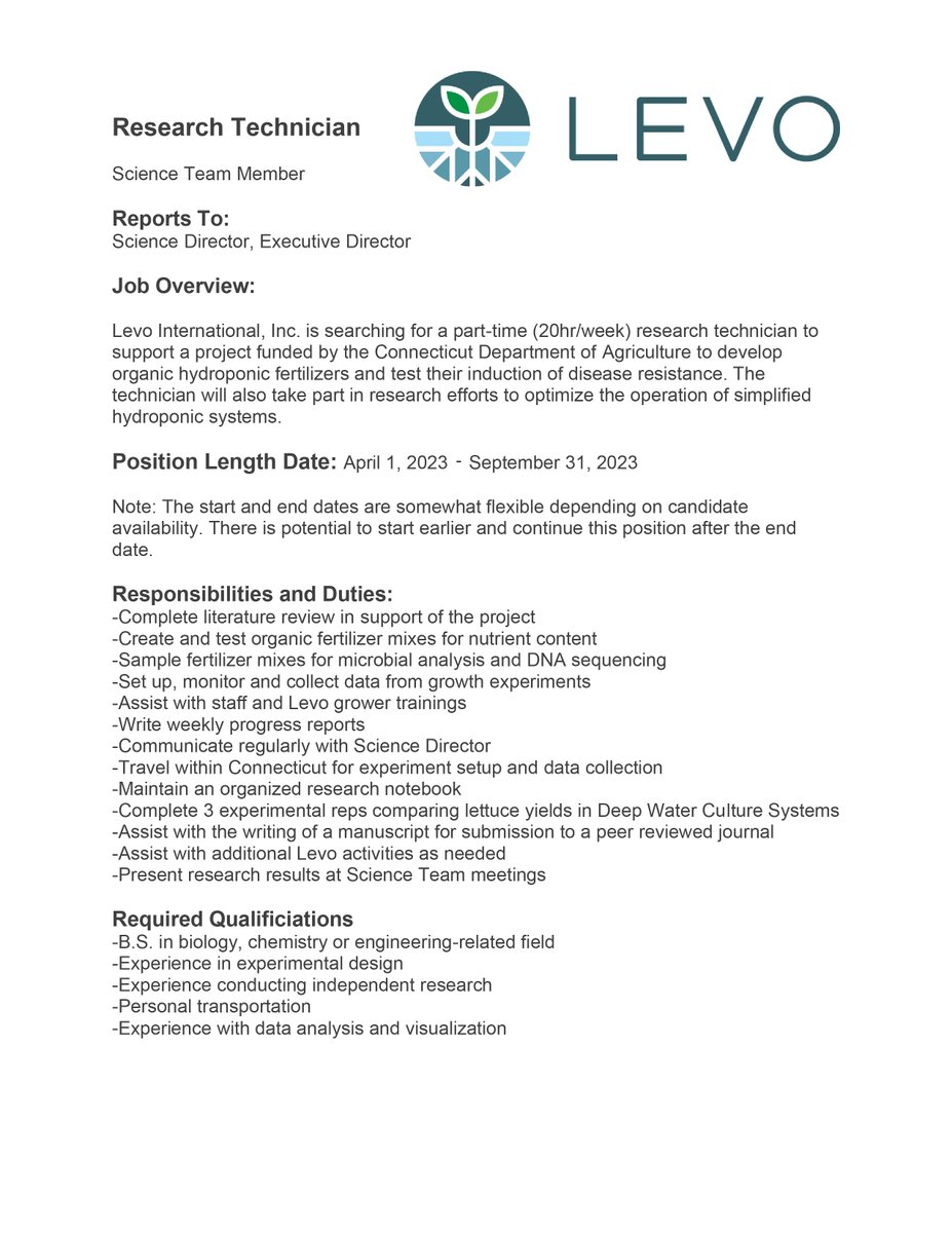 heidenseek_40's tweet photo. We at @LEVOint are looking to hire a Research Technician for this spring to work on an exciting project using plant waste products to develop organic hydroponic fertilizers. DM or email science@levointernational.org for more information! https://t.co/izT0z0TRwA