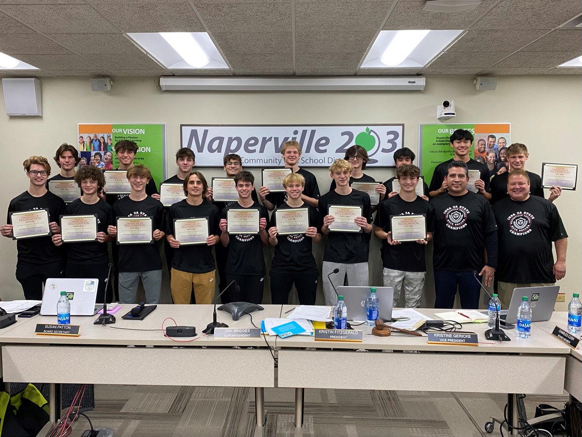 Naperville203's tweet photo. The @NCHSOFFICIAL state champion boys soccer team was recognized during tonight's Board of Education meeting. #PartnersInGrowth https://t.co/H8N2hIJLAa