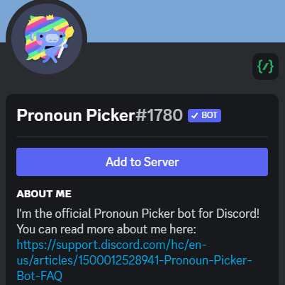 PokebestBot's tweet photo. The official @discord bot 'Pronoun Picker' isn't working 🥲 https://t.co/Pg1mUGCp1j