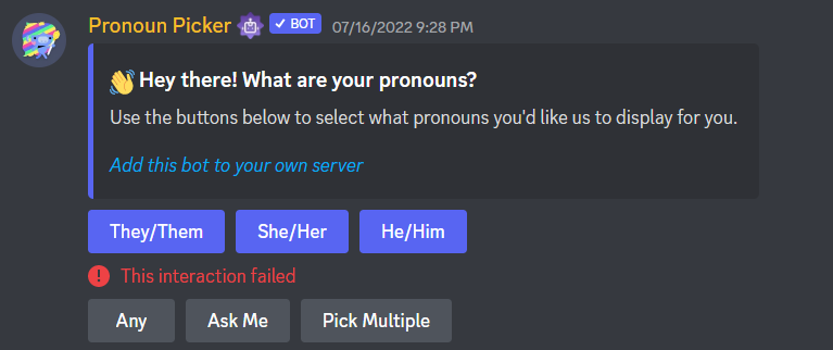 PokebestBot's tweet photo. The official @discord bot 'Pronoun Picker' isn't working 🥲 https://t.co/Pg1mUGCp1j