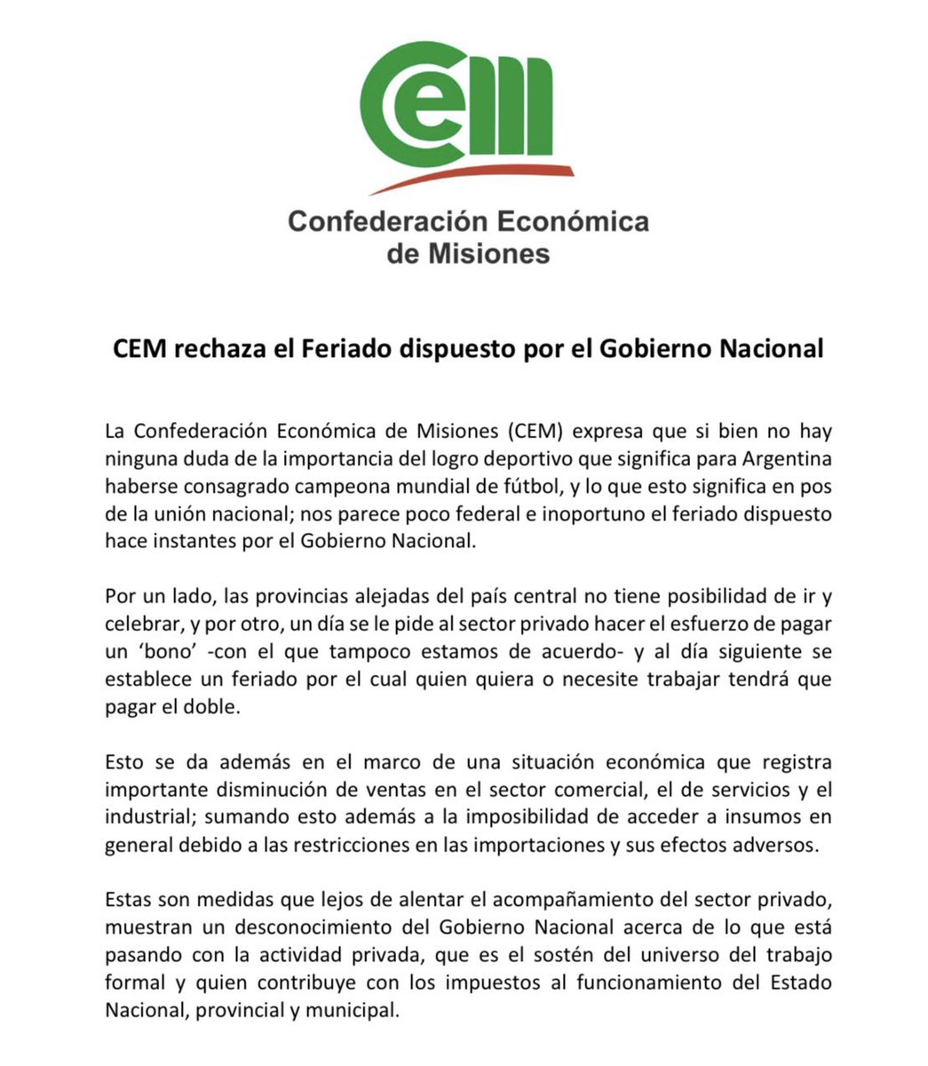 ⚠️Comunicado de la CEM sobre el #FeriadoNacional del 20 de diciembre dispuesto por el Gobierno Nacional 
<a href="/CACteinforma/">CAC</a> <a href="/redcame/">CAME</a>