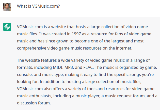 Happy Birthday to VGMusic.com ! Now 26 years old! ChatGPT knows it exists, but doesn't get all the details right.