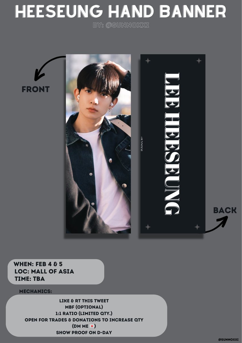 onlyksn_'s tweet photo. HEESEUNG HAND BANNER GA by @sunnoxxi 

✦like &amp; rt this tweet
✦mbf (optional)
✦1:1 ratio (limited qty.)
✦open for trades &amp; donations to increase qty (dm me 💌)
✦loc &amp; time tba on d-day
✦show proof on d-day

See you, Engenes!
📸 crdts: @/SaltCcsh
#MANIFESTO_IN_MANILA https://t.co/GDpSupfhiF