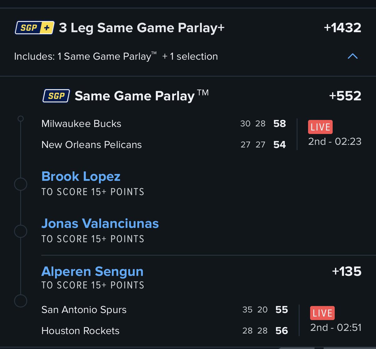TheParlayPlug's tweet photo. Lopez: 8
Valanciunas: ✅
Sengun: 14

Not even halftime…

If this hits I’m giving away $50 and 1 free month of VIP 🔥🔥💰

All you have to do is!
LIKE/RT THIS POST!⬆️⬆️

#GamblingTwitter https://t.co/qmGUunwpZ2
