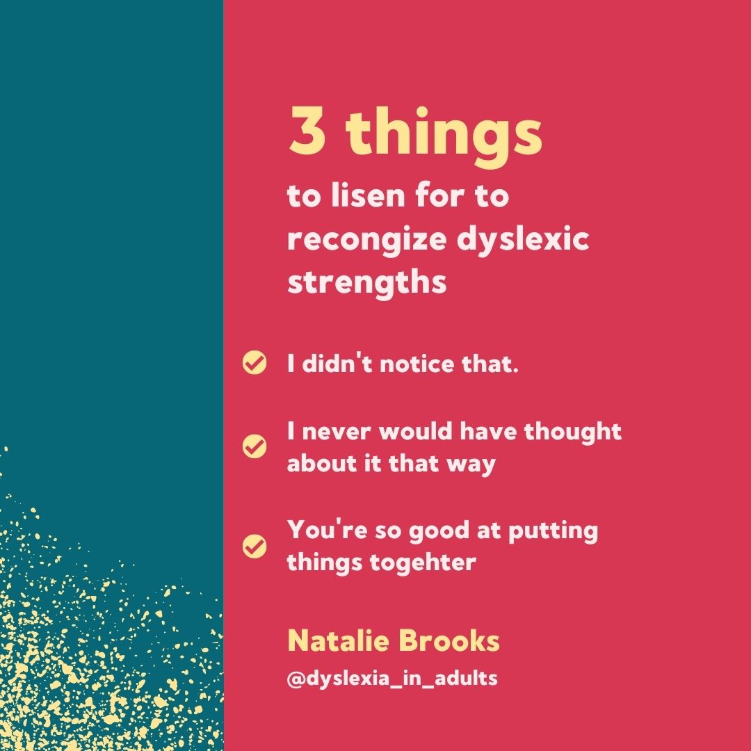 Three things from Natalie to look out for people noticing your #dyslexicstrengths. 

#Dyslexia #Dyslexic #NeuroDiversity #dyslexiaAwareness #ADHD