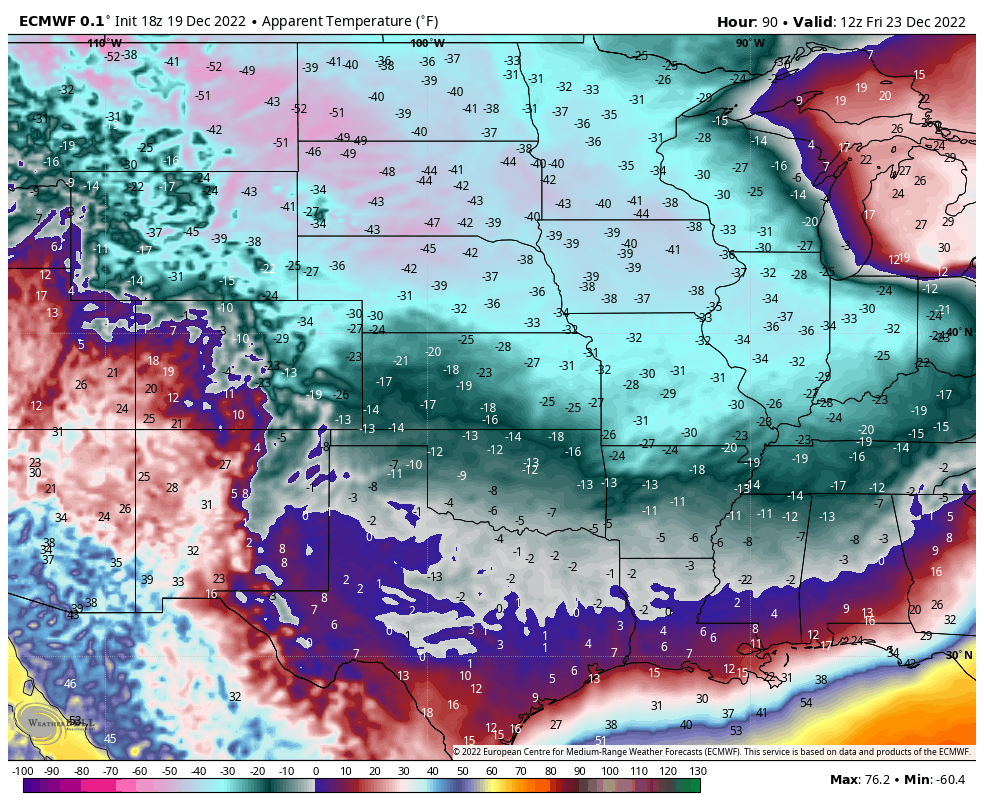 BrianBledsoe's tweet photo. Forecast wind chills for Wed. 6PM, Thu. 6AM, Thu. 6PM, and Fri. 6AM...#cowx #kswx #newx #okwx #txwx #phwx https://t.co/xksJIQGKud