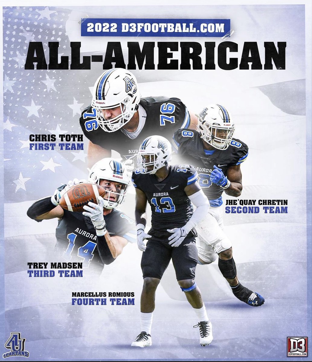 AU_SpartanFB's tweet photo. Congratulations to Chris Toth, Jhe’Quay Chretin, Trey Madsen and Marcellus Romious on being named @d3football Division III All-Americans! #weareoneAU https://t.co/7dWwNJq8E4
