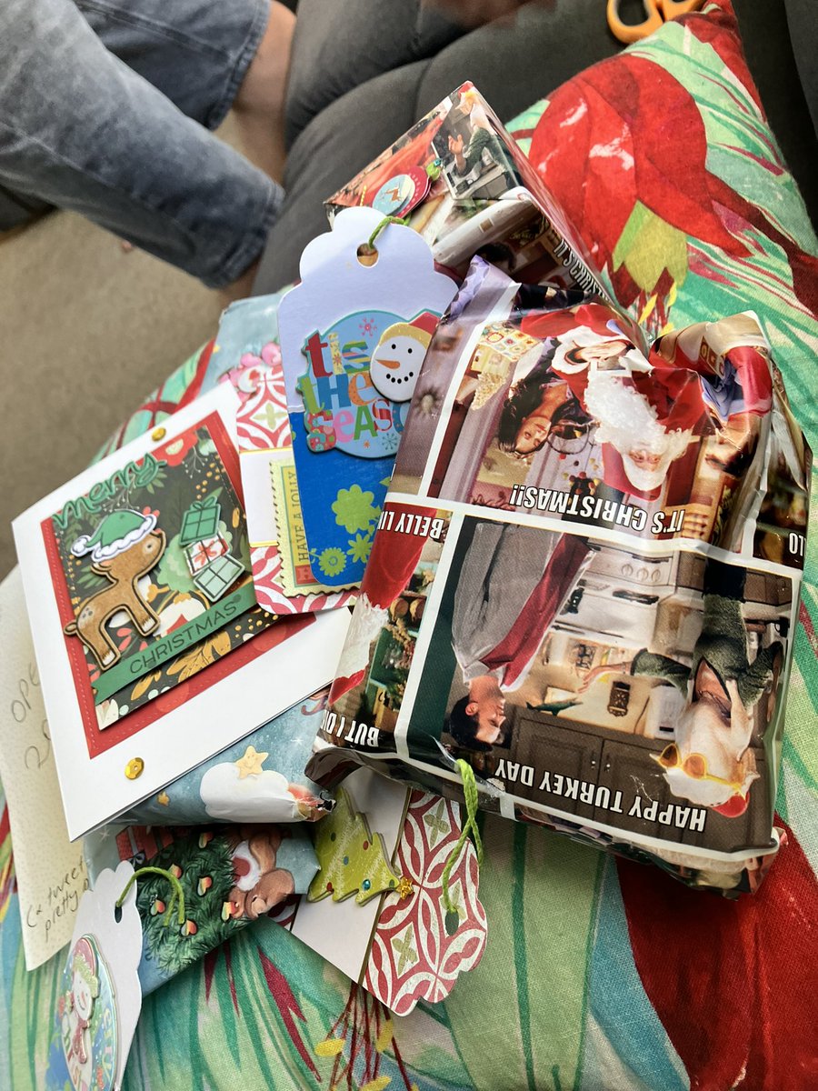 juliefairey's tweet photo. Dear Santa what a lovely thoughtful card and delightful wrappings and tags! I have to do a slow reveal due to my one handed ness but have my senior junior associate helping. https://t.co/S83jwYsxYg