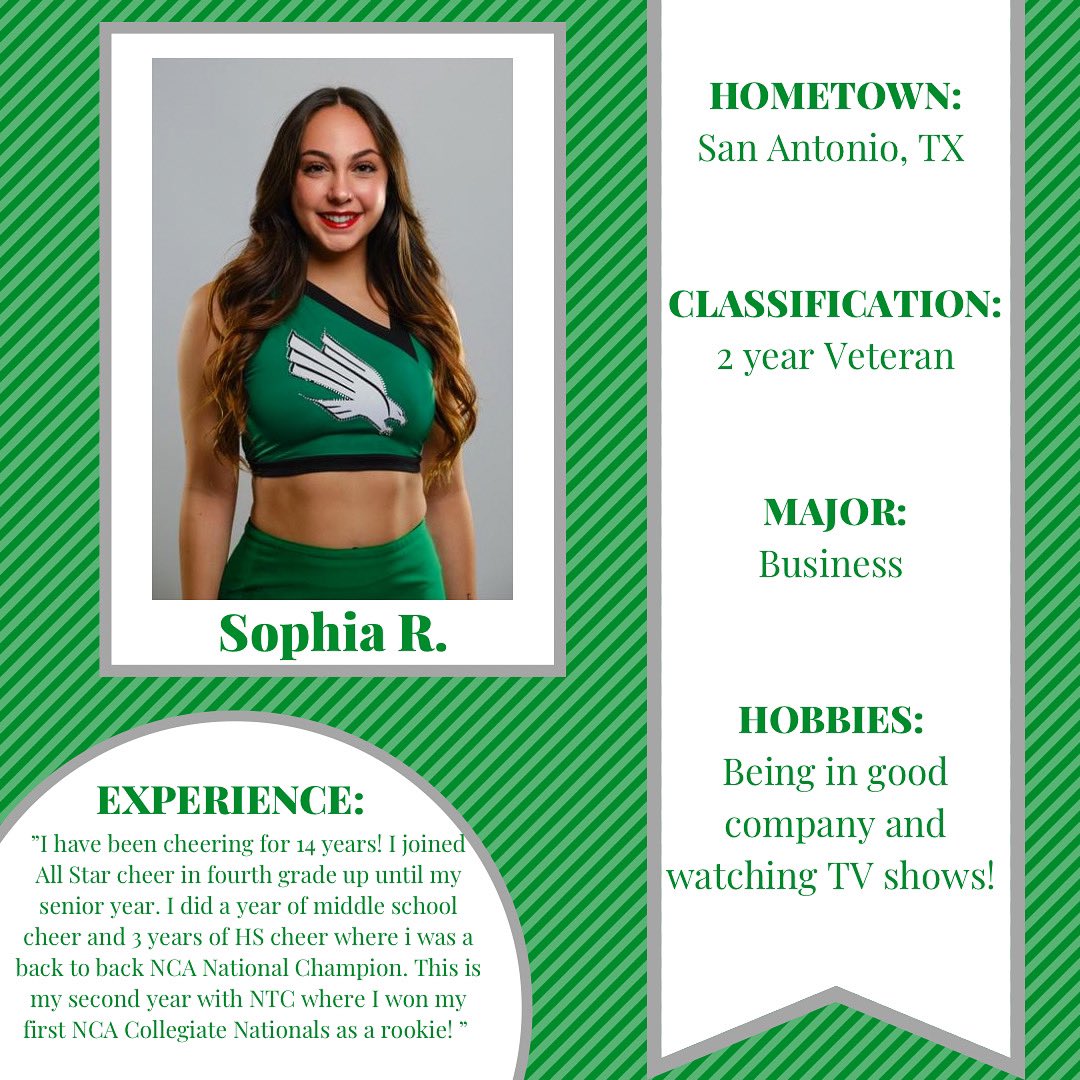 Northtxcheer's tweet photo. Meet the Mean Green Monday: Sophia R.💚🦅 #gmg #nomercy #foentc https://t.co/ClR9FxNimy