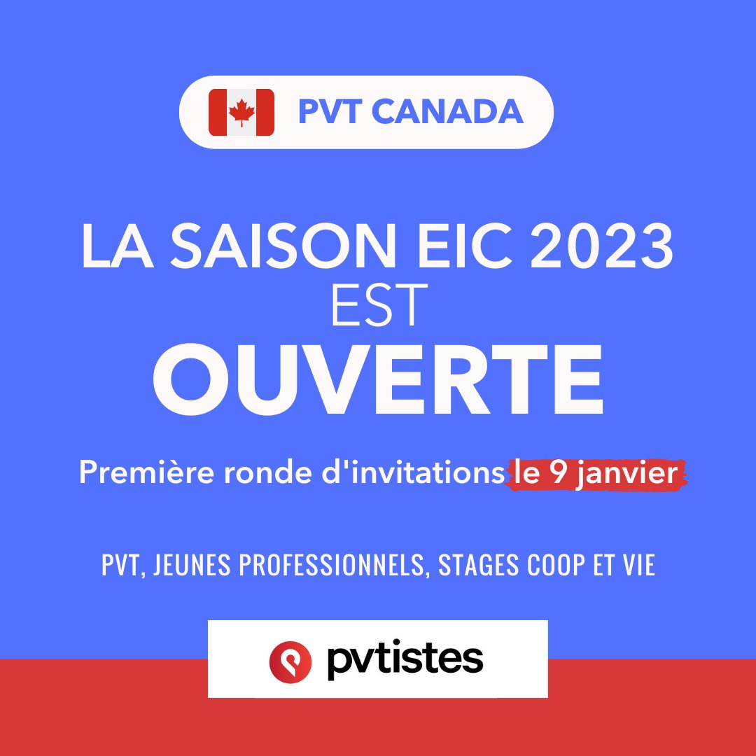 pvtistes's tweet photo. 🇨🇦 LA SAISON #EIC 2023 EST OUVERTE 🇨🇦
✅ Vous pouvez désormais déposer votre candidature dans le bassin de candidats de votre choix (#PVT, #JP/VIE ou #StageCoop).
‼️ Suivez notre tutoriel ➡️ https://t.co/aSAtFFFYjr
💡 La première ronde d'invitations aura lieu le 9 janvier 2023. https://t.co/gDQZsSfndR