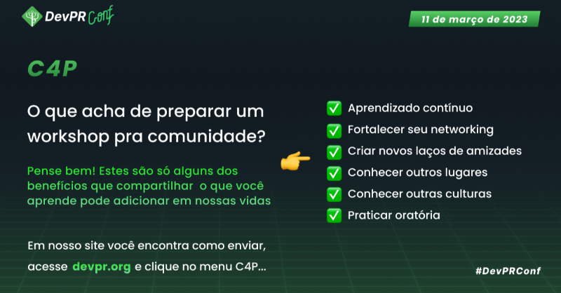 devparana's tweet photo. O que acha de compartilhar conhecimento com a comunidade?

Pense bem!

- Praticar oratória
- Aprendizado contínuo
- Fortalecer seu networking
- Criar novos laços de amizades

Estes são só alguns dos benefícios que compartilhar o que você aprende pode adicionar em nossas vidas

😉