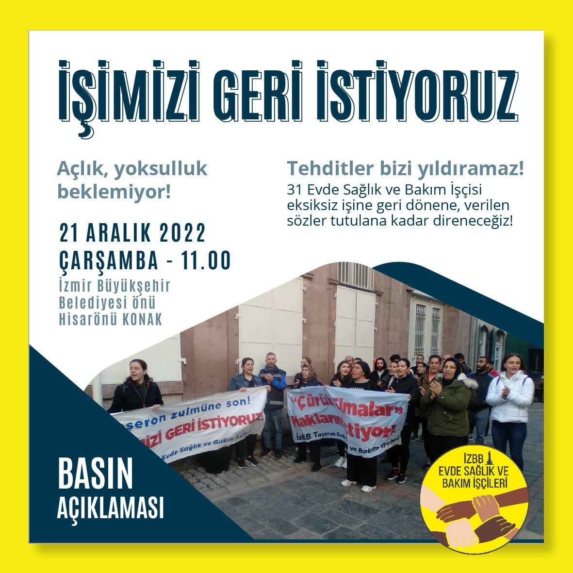 izbb_evdebakim's tweet photo. Açlık, yoksulluk beklemiyor! Verilen sözler tutulana kadar mücadelemizden vazgeçmeyeceğiz! 21 Aralık Çarşamba-11.00'de belediye önündeyiz! https://t.co/NfkXeoplrg