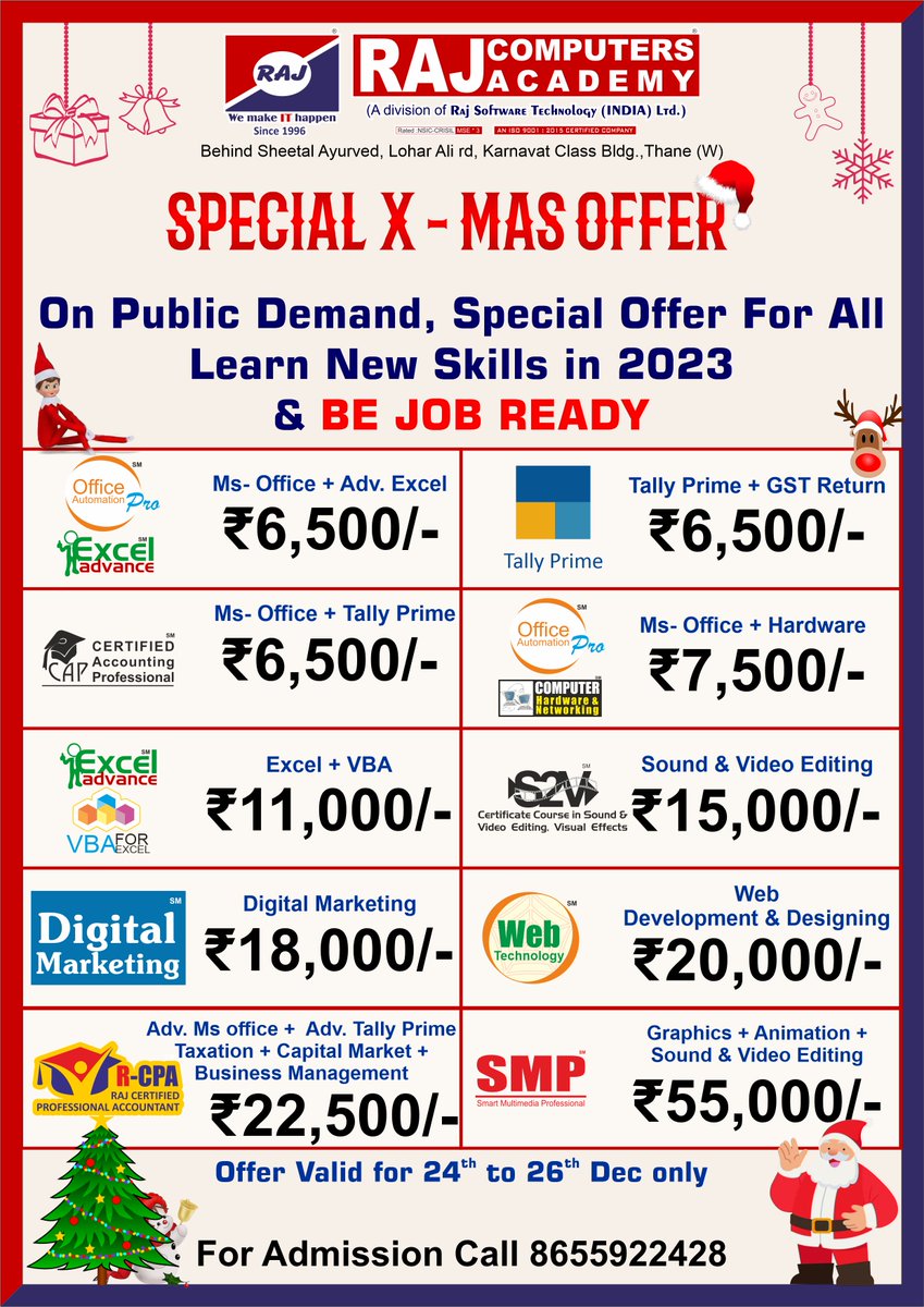 rcathane's tweet photo. Enroll in for our Special Christmas Offer &amp; Start the Batches in 2023!!
#rajcomputersthane #rajcomputers #christmasgiftideas #christmasoffer #digitalmarketing #soundvideoediting #graphicsdesign #computerhardware #webdesign #webdevelopment #pythoncourse #AdvanceExcelCourse https://t.co/mkuLMDZdzO