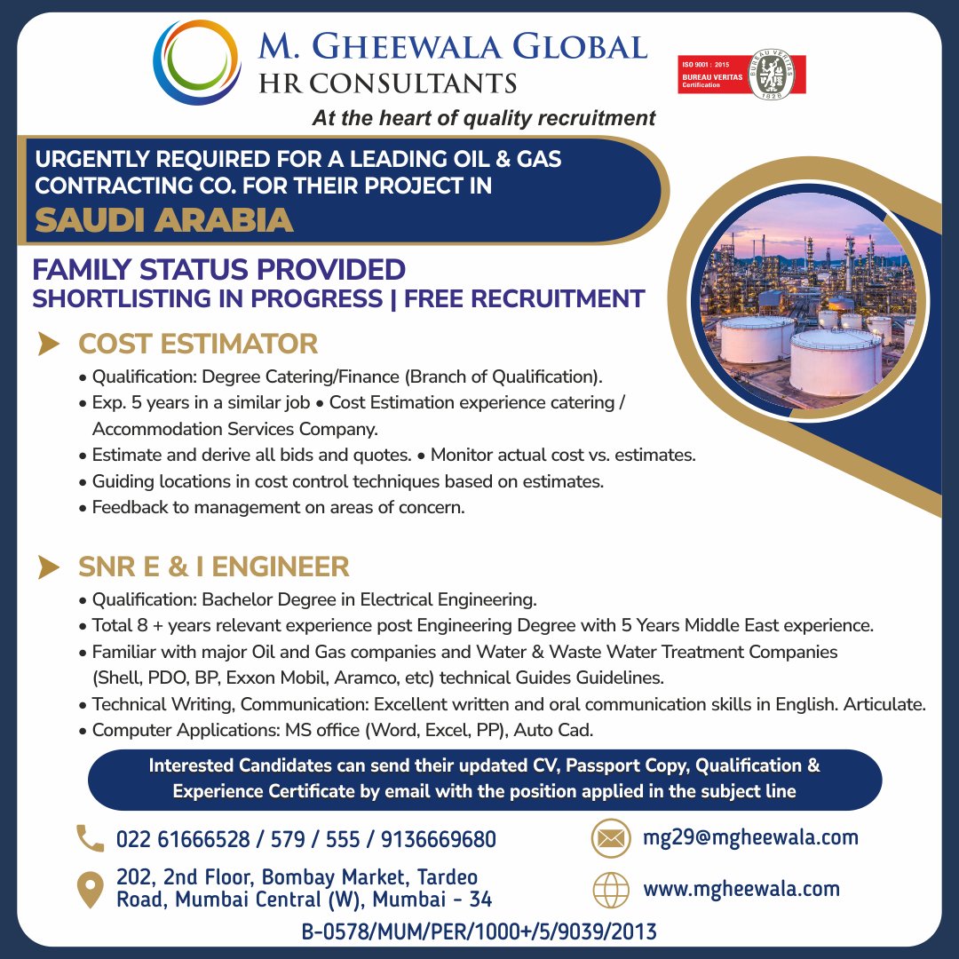 Job Vacancies for #Saudiarabia

Interested Candidates can send the updated resume to mg29@mgheewala.com

Learn More mgheewala.com

#saudijobs #jobsinsaudi #costestimator #seniorengineer #catering #gulfexperience #engineer