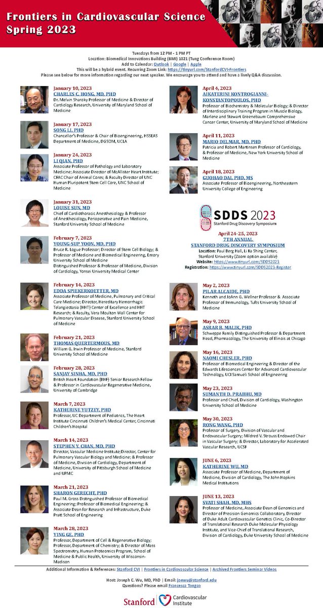The <a href="/StanfordCVI/">Stanford CVI</a> Seminars will resume in 2023 with a fantastic lineup of speakers! 
<a href="/chaz_hong/">Chaz Hong MD PhD 🇺🇸</a> <a href="/songli_UCLA/">Song Li</a> <a href="/sunlouise1/">Louise Sun</a> <a href="/stem_yoon/">Stem Yoon</a> <a href="/SanjaySinhaUK/">Sanjay Sinha</a> <a href="/chansteve73/">Stephen Chan</a> <a href="/GerechtLab/">Gerecht Lab</a> <a href="/yingge2121/">Ying Ge</a> @MarioDelmar3 <a href="/guohaodai/">Dr. Guohao Dai</a> <a href="/PilarAlcaidePhD/">Pilar Alcaide, PhD</a> <a href="/CheslerLab/">Naomi Chesler</a> @sumanthprabhu01 <a href="/KathyWuMD/">Kathy Wu</a> <a href="/SvatiShah/">Svati Shah</a>