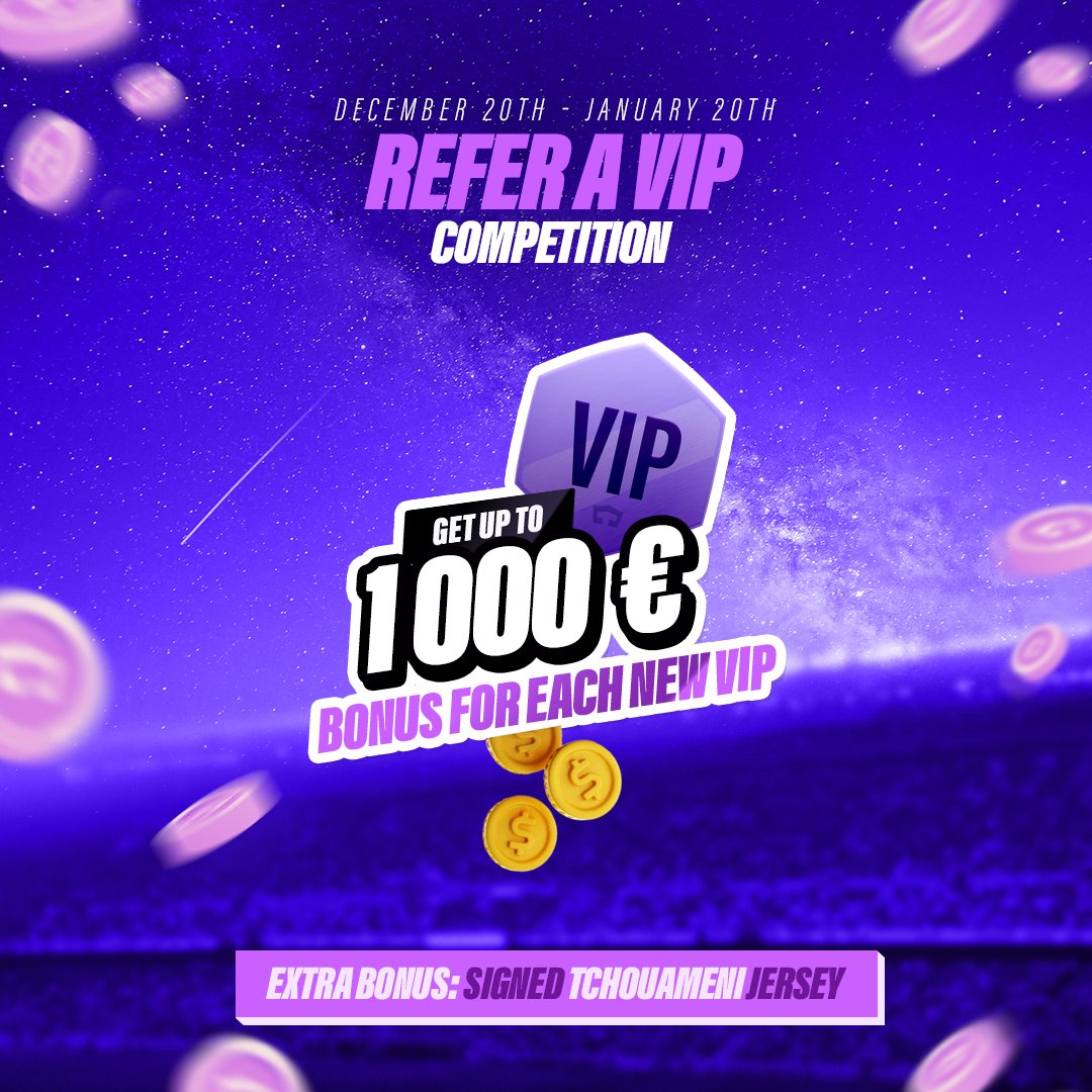 💰Get up to 1000€ BONUS for each new VIP!💰
From Dec 20th - Jan 20th, you can get bonuses for each new VIP referral (200€ for VIP1, 1000€ for VIP2)
/extra bonus/ The user with most new VIP referrals also gets a signed Tchouaméni jersey!

More info : royaltiz.com/posts/refer-a-…